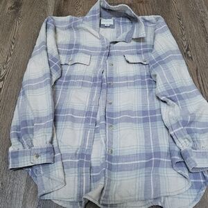 American Eagle Xl Boyfriend Fit Cotton Flannel Plaid Button-Up Shirt Blue Cream